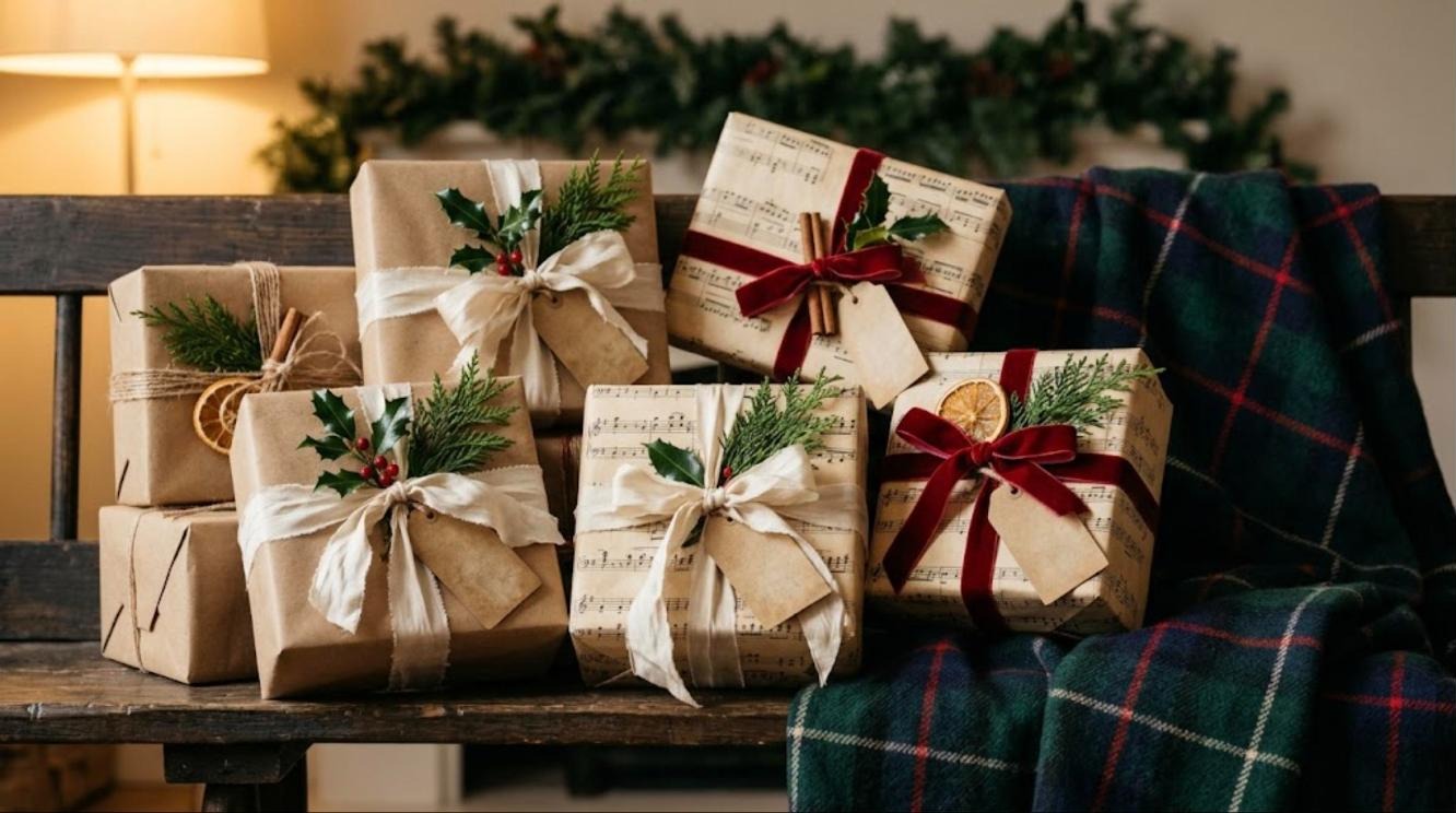 Christmas presents wrapped in brown paper and sheet music paper with velvet ribbon, holly and dried orange slices