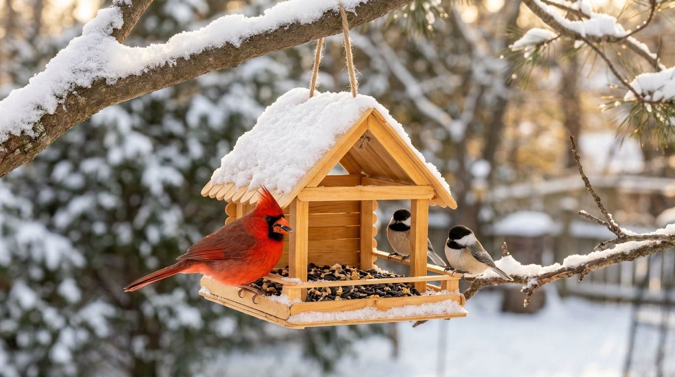 DIY bird feeders: a popsicle stick feeder with a cardinal and chickadees on a snowy branch