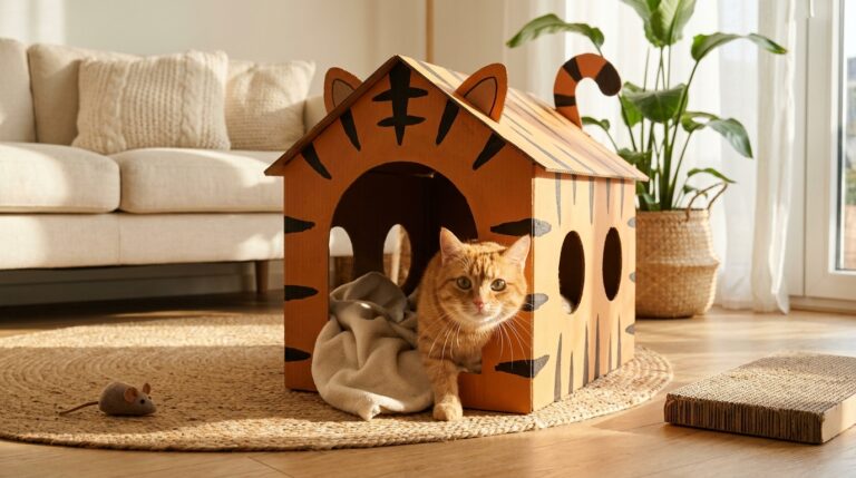 DIY cat beds: orange tabby cat in a handmade cardboard tiger house in a sunny living room