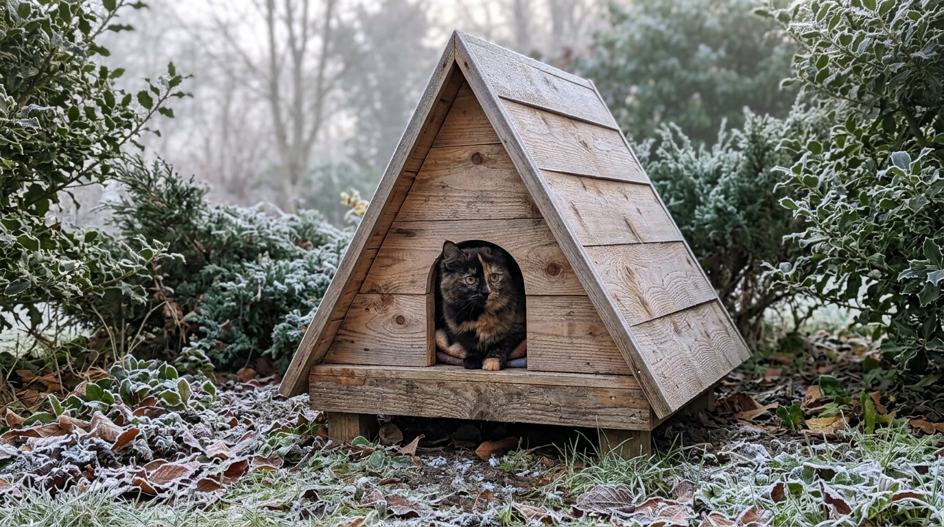 Wooden A-frame cat house with a tortoiseshell cat in a frosty garden