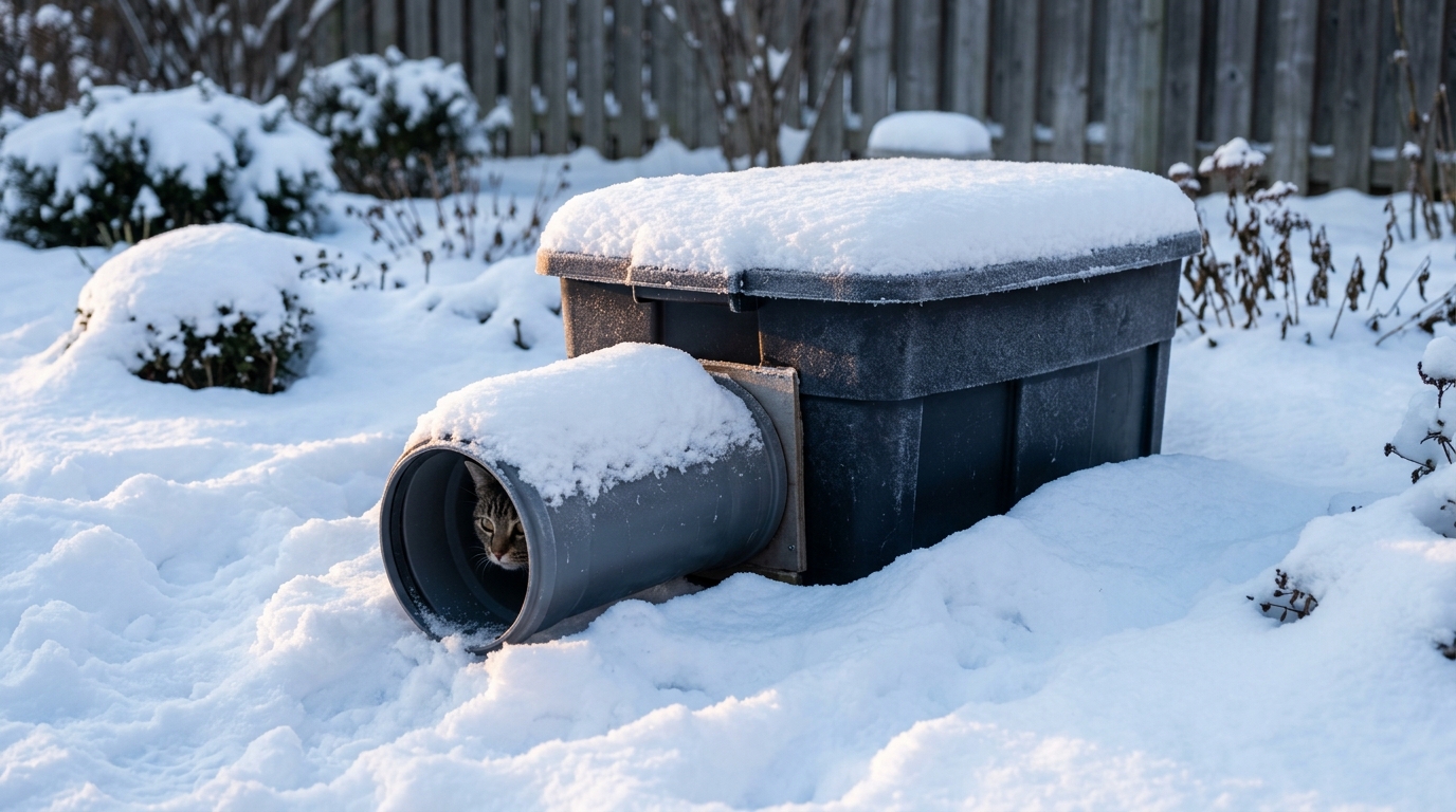 Cat shelter in deep snow with a pipe entrance tunnel that keeps snow out