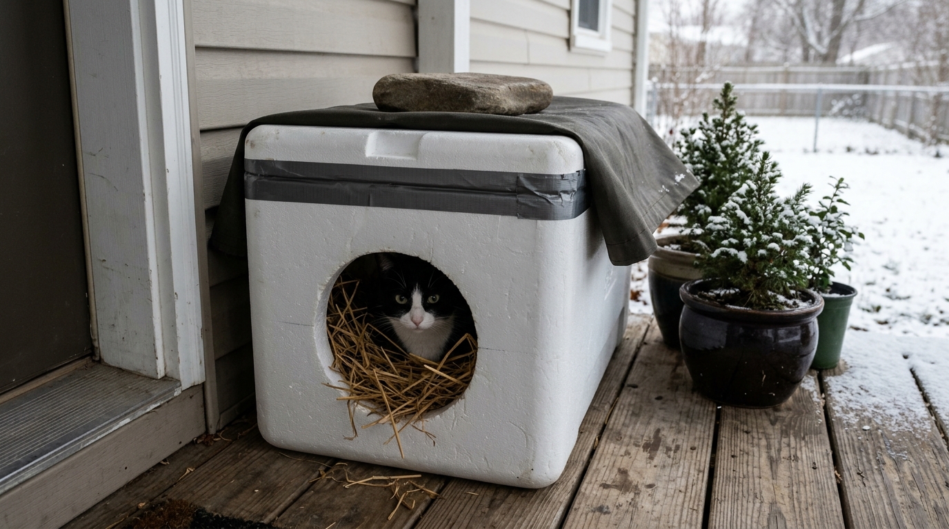 Foam cooler turned into one of the easiest DIY cat shelters on a covered porch