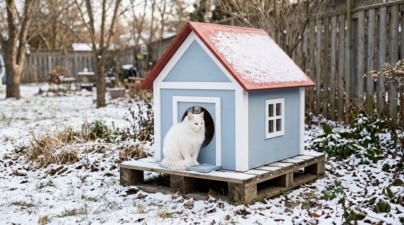Painted plywood cat cottage with a red roof and a white cat on a pallet base