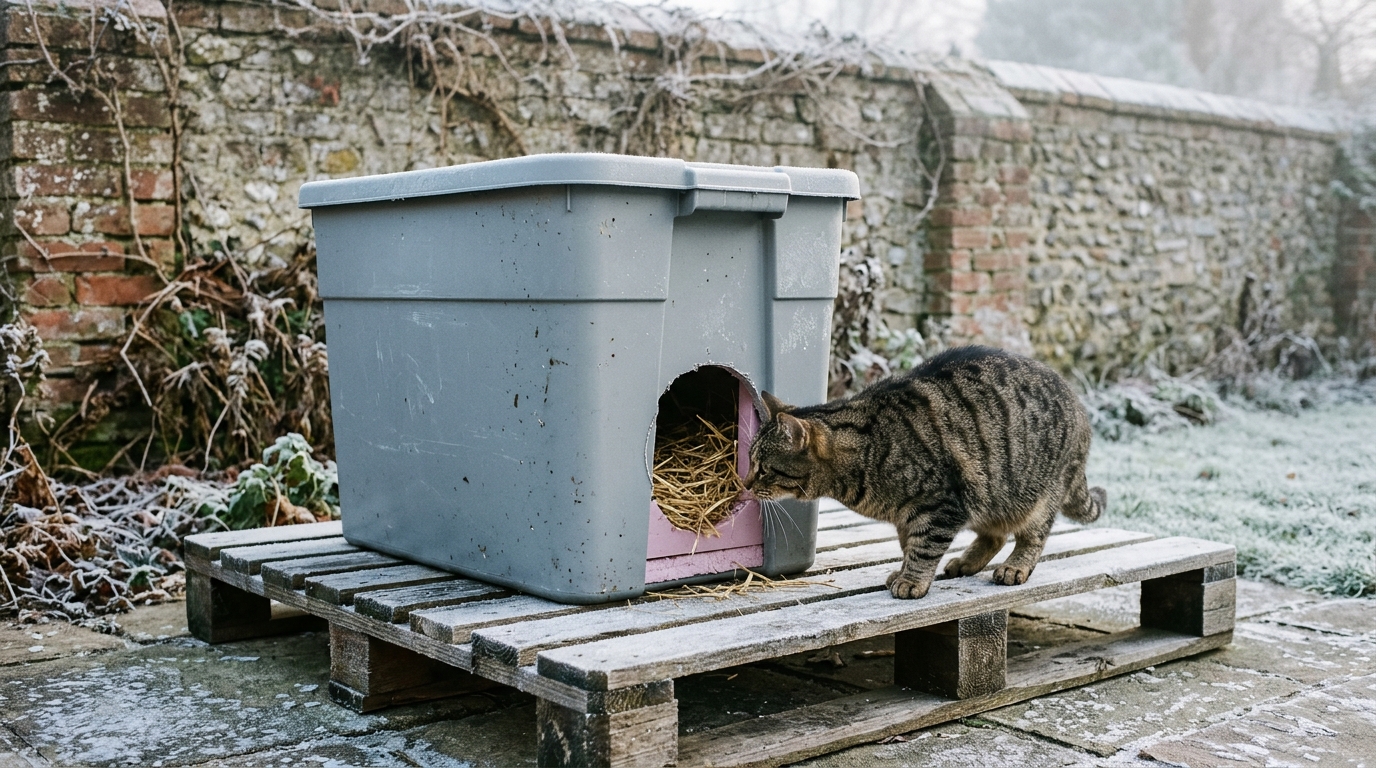 Storage tote cat shelter lined with foam board and straw on a pallet