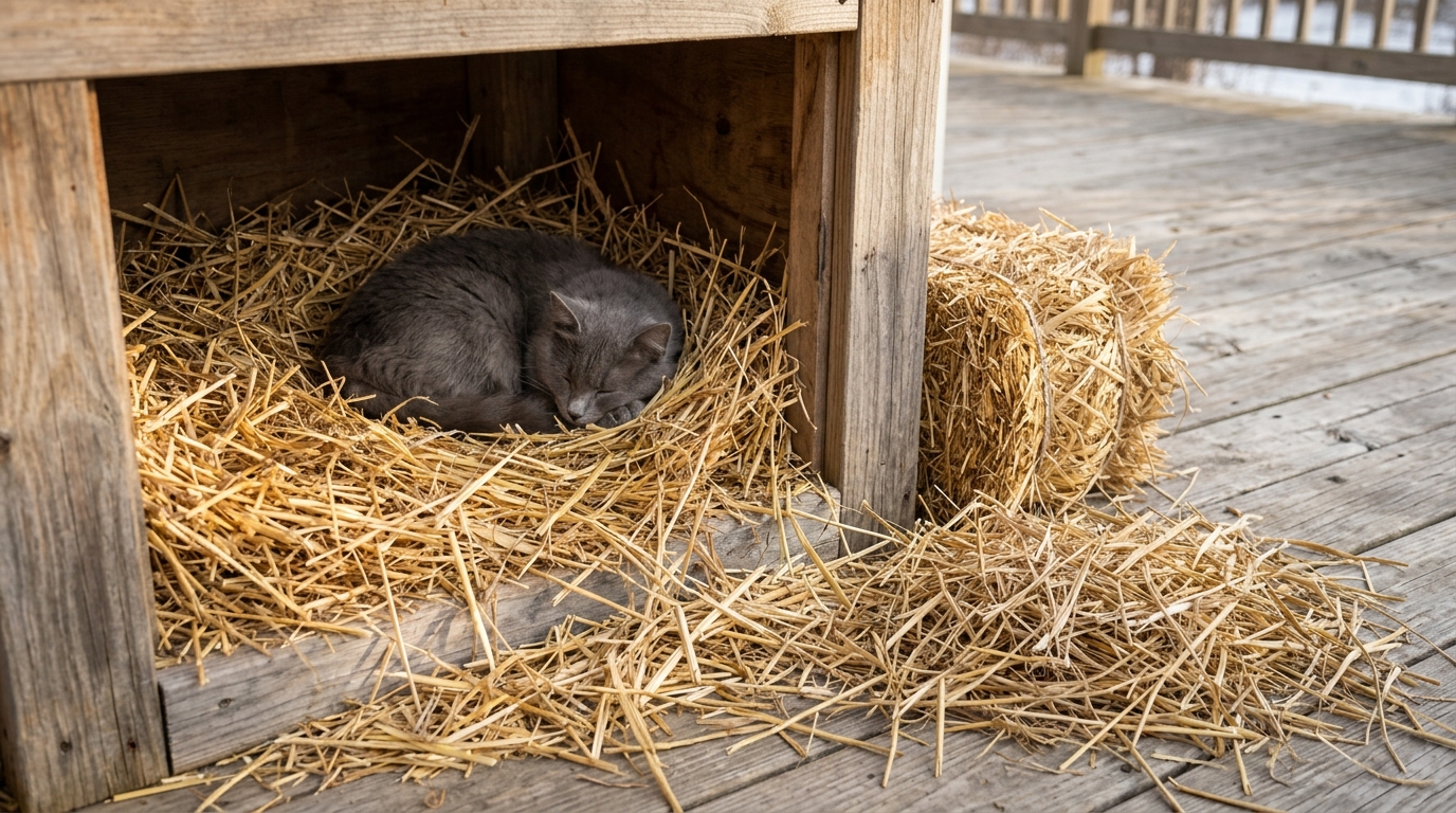 Gray cat sleeping on loose straw bedding inside a wooden shelter