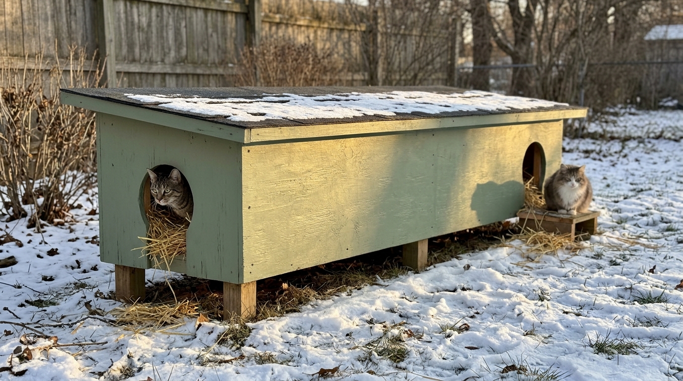 Long sage green cat shelter with two doors and two cats in the snow