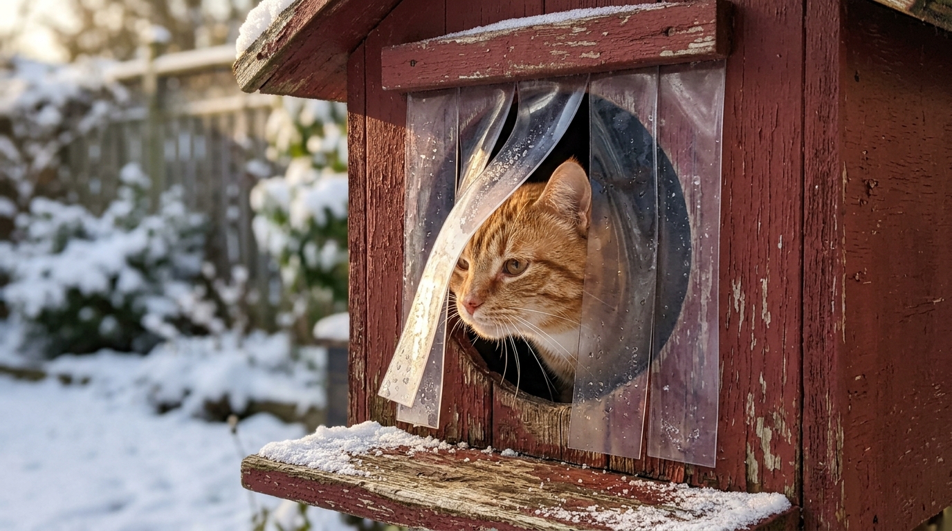Ginger cat pushing through a clear vinyl flap door on a red wooden cat shelter