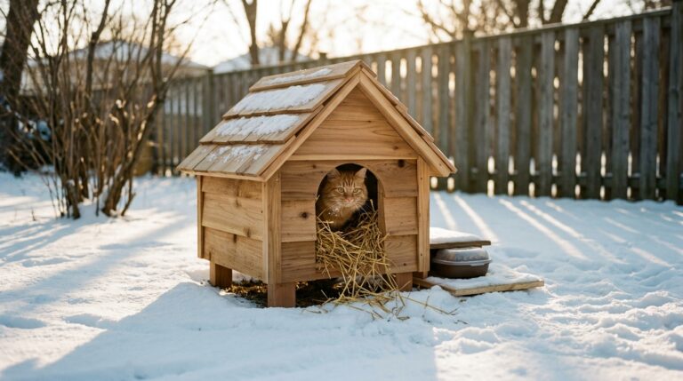 DIY cat shelters: orange cat peeking from a wooden cat house filled with straw in a snowy backyard