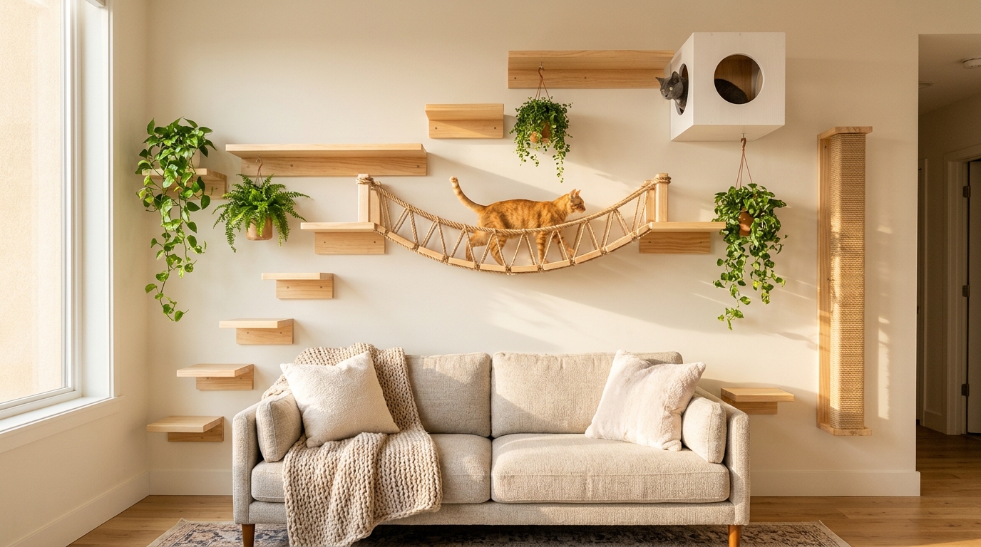 DIY cat walkways with floating step shelves, a rope bridge and a cube hideout on a living room wall