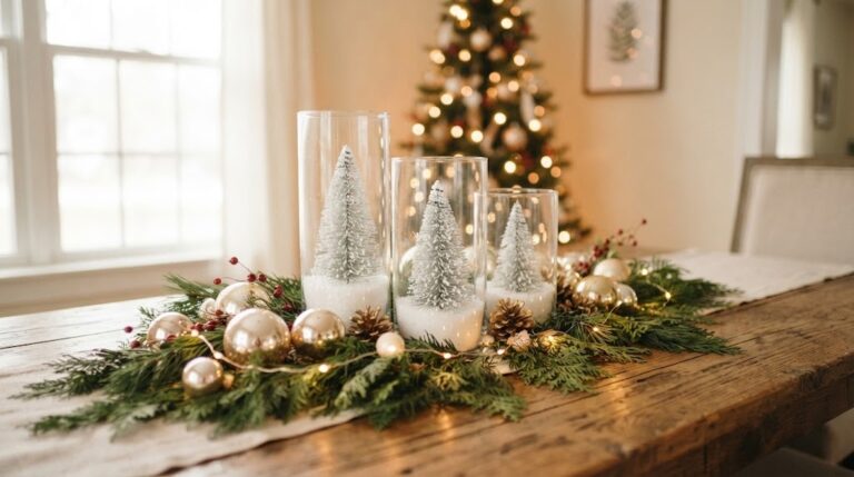 DIY Christmas centerpieces: three glass vases with flocked mini trees, gold ornaments and pine greenery on a wooden table