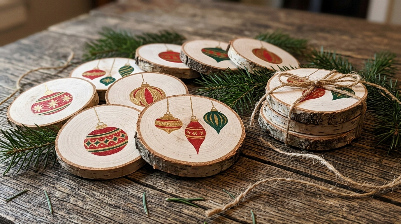 DIY Christmas coasters: birch wood slices painted with vintage ornaments on a farmhouse table