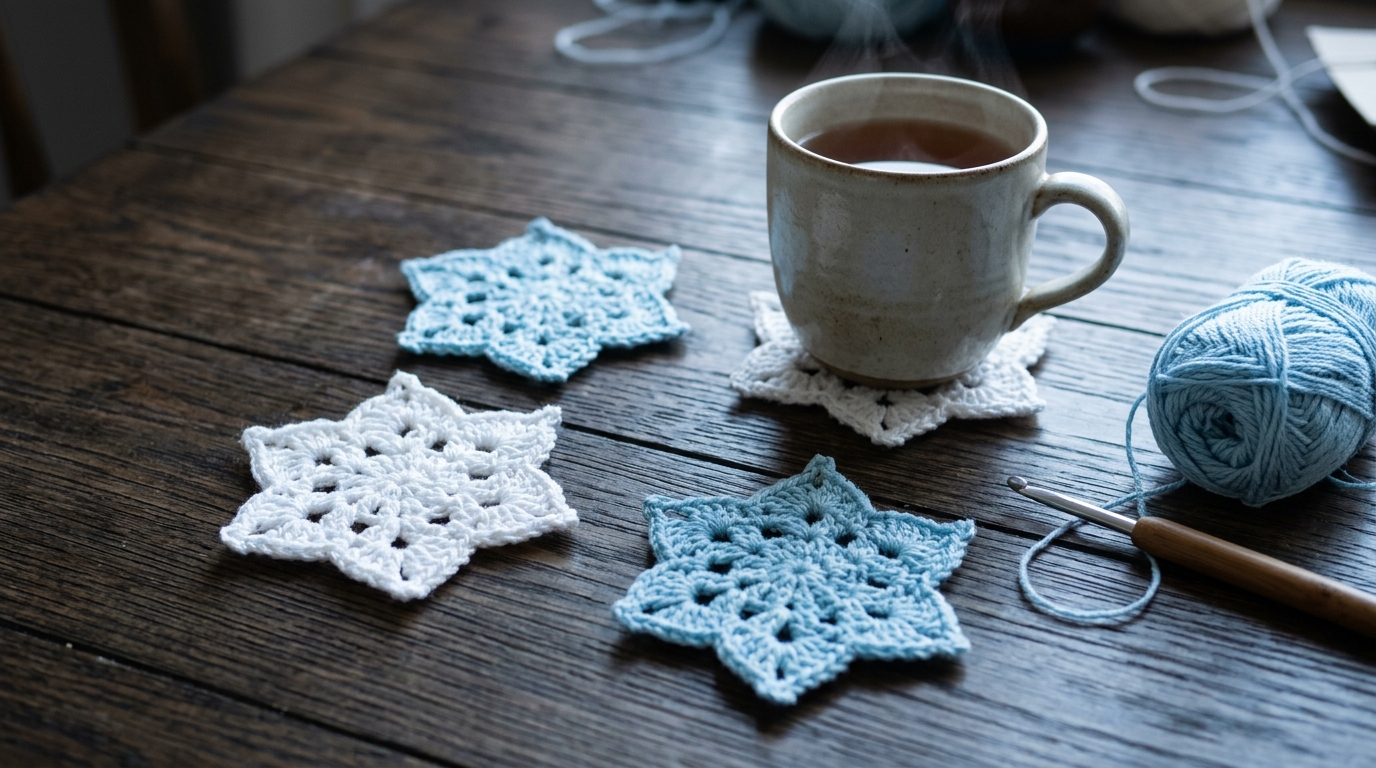 DIY Christmas coasters: white and icy blue crochet snowflakes on a dark wood table with yarn