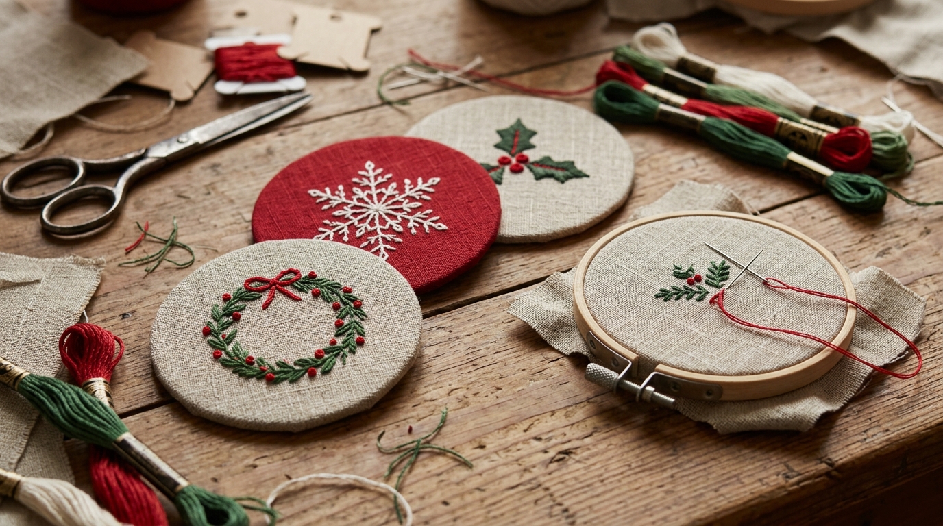 DIY Christmas coasters: linen circles embroidered with holly, a wreath and a snowflake in a hoop