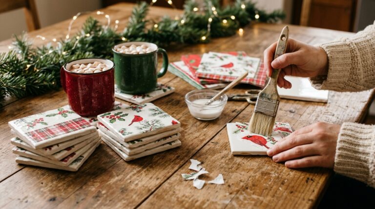 DIY Christmas coasters: napkin decoupage tiles with cardinals and plaid beside cocoa mugs on a wooden table