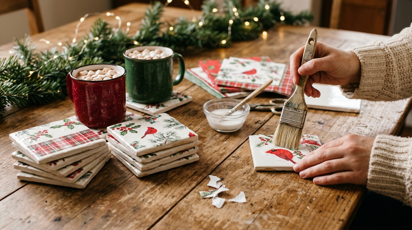 DIY Christmas coasters: napkin decoupage tiles with cardinals and plaid beside cocoa mugs on a wooden table