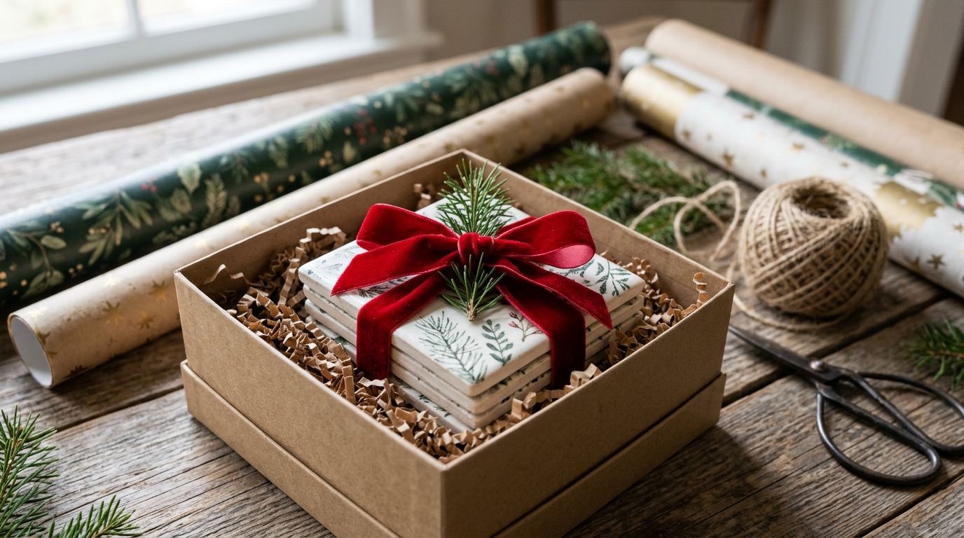 DIY Christmas coasters gift set tied with red velvet ribbon in a kraft box