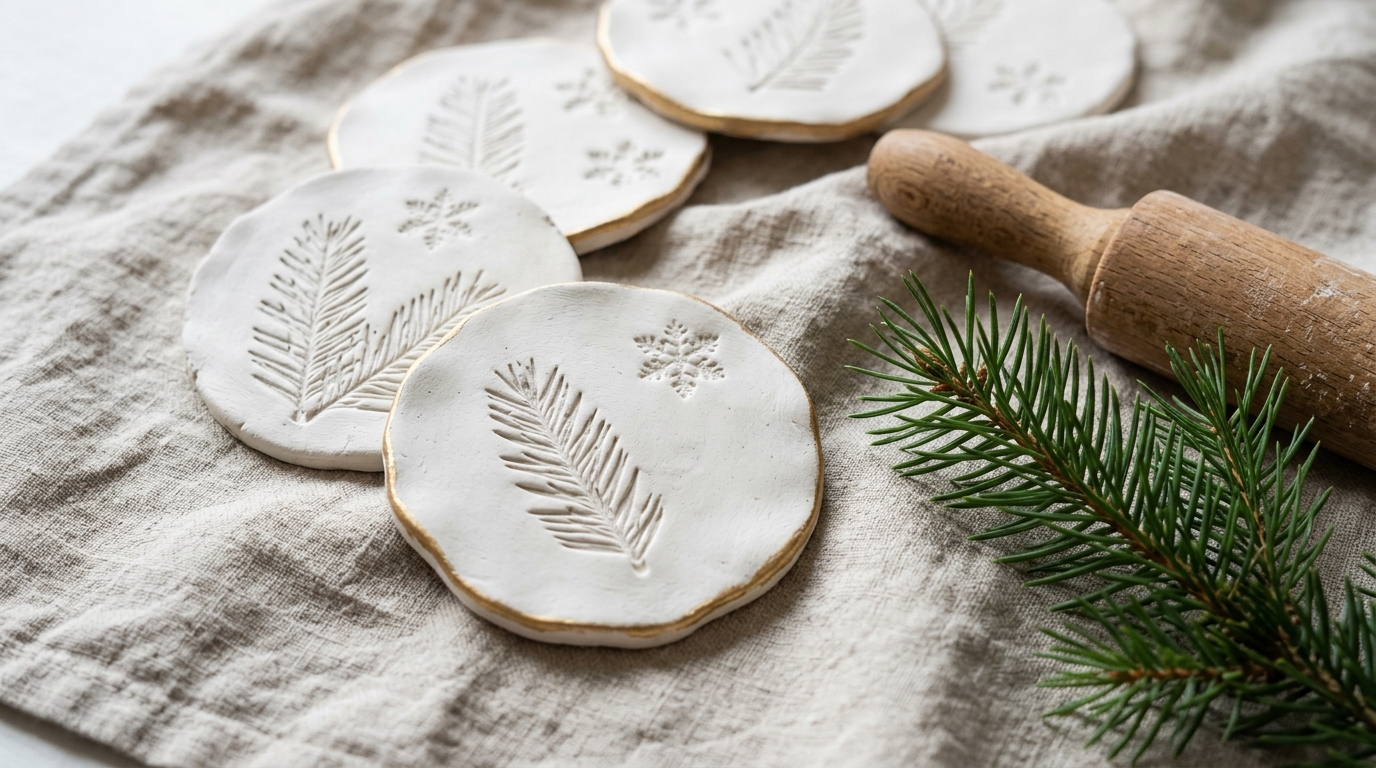 DIY Christmas coasters: white air dry clay rounds stamped with pine and snowflakes on linen