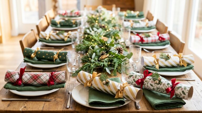 DIY Christmas crackers in red, green and gold paper on a festive dinner table
