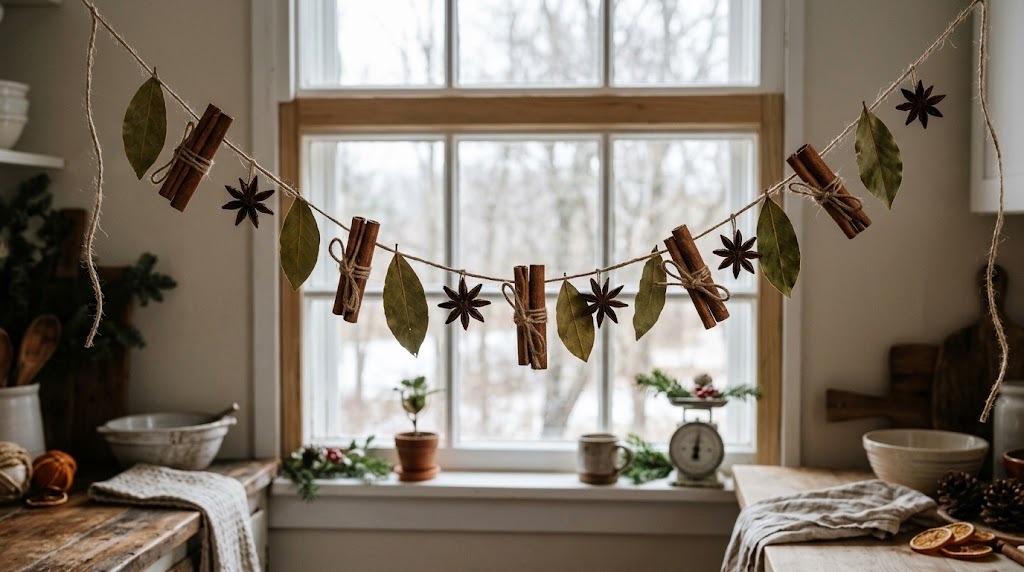 Cinnamon stick and star anise garland hanging in a farmhouse kitchen window