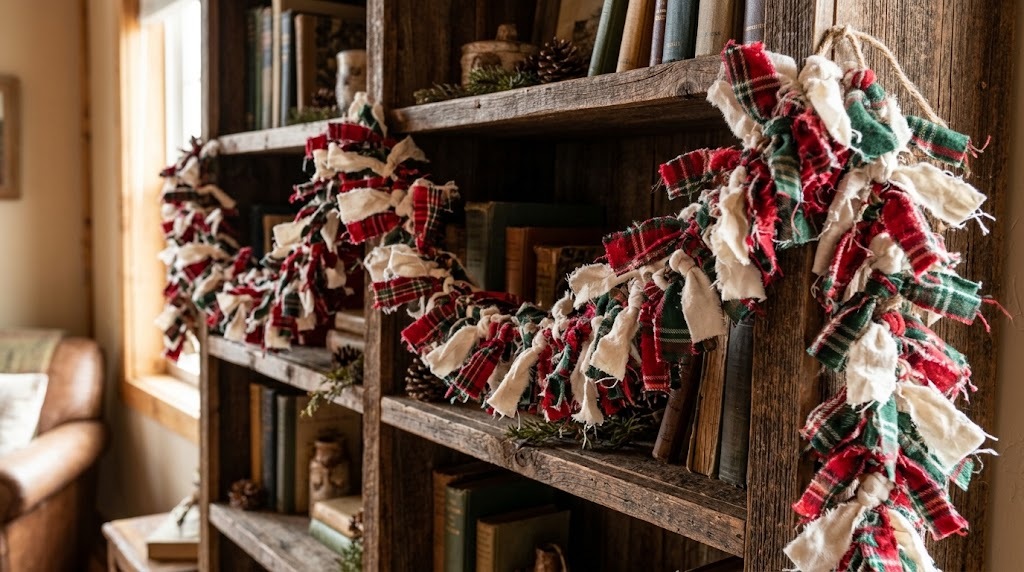 Plaid flannel rag garland knotted on rope along a rustic bookshelf