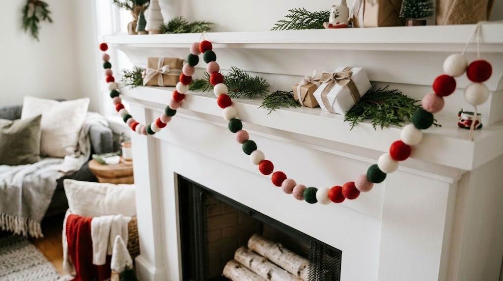 Red, white, green and pink felt ball garland draped on a white mantel