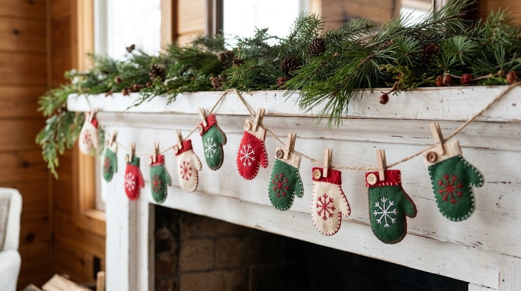 DIY Christmas garland of mini felt mittens clipped to twine with wooden clothespins