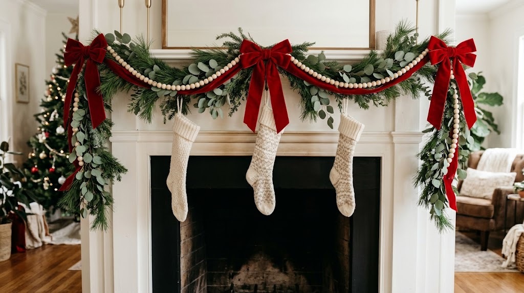 DIY Christmas garland of pine, eucalyptus, wood beads and red velvet bows on a white mantel with knit stockings