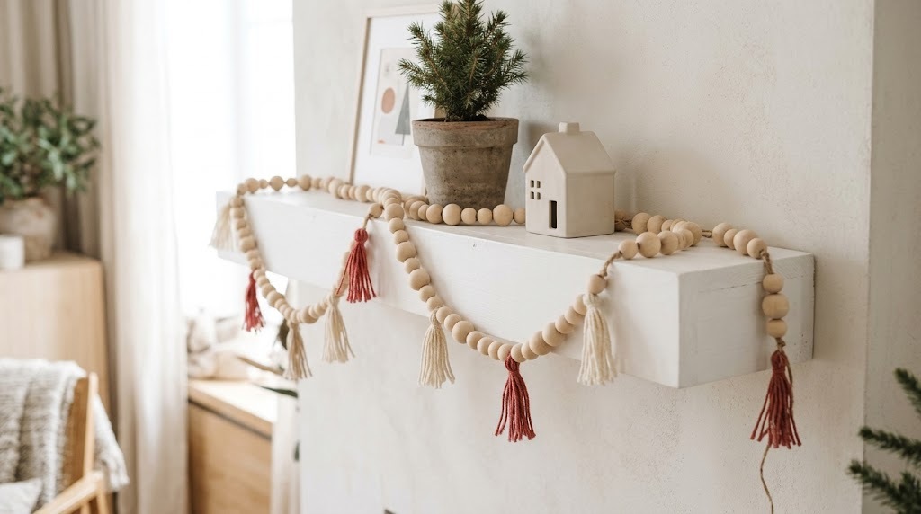DIY Christmas garland of natural wood beads with red and cream tassels on a white shelf