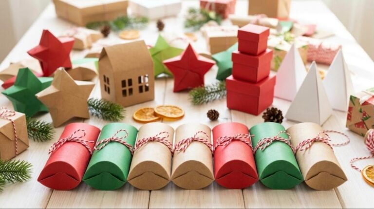 DIY Christmas gift boxes made from paper tubes, paper stars, a kraft house box and a red box tower on a white table