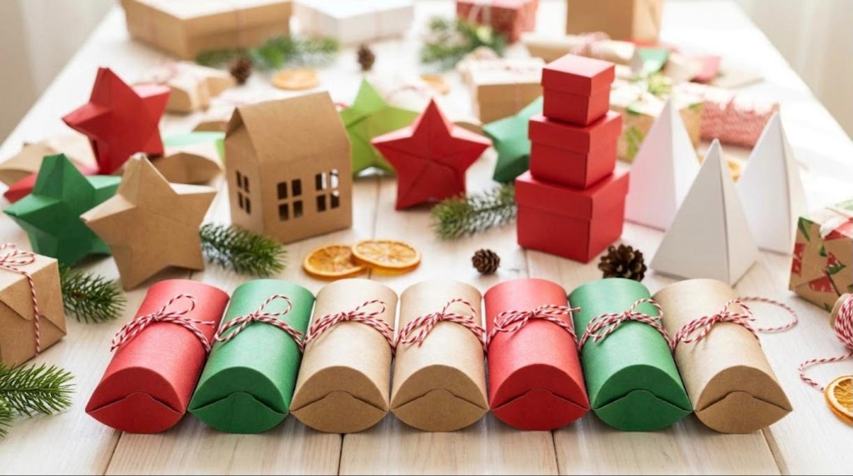 DIY Christmas gift boxes made from paper tubes, paper stars, a kraft house box and a red box tower on a white table