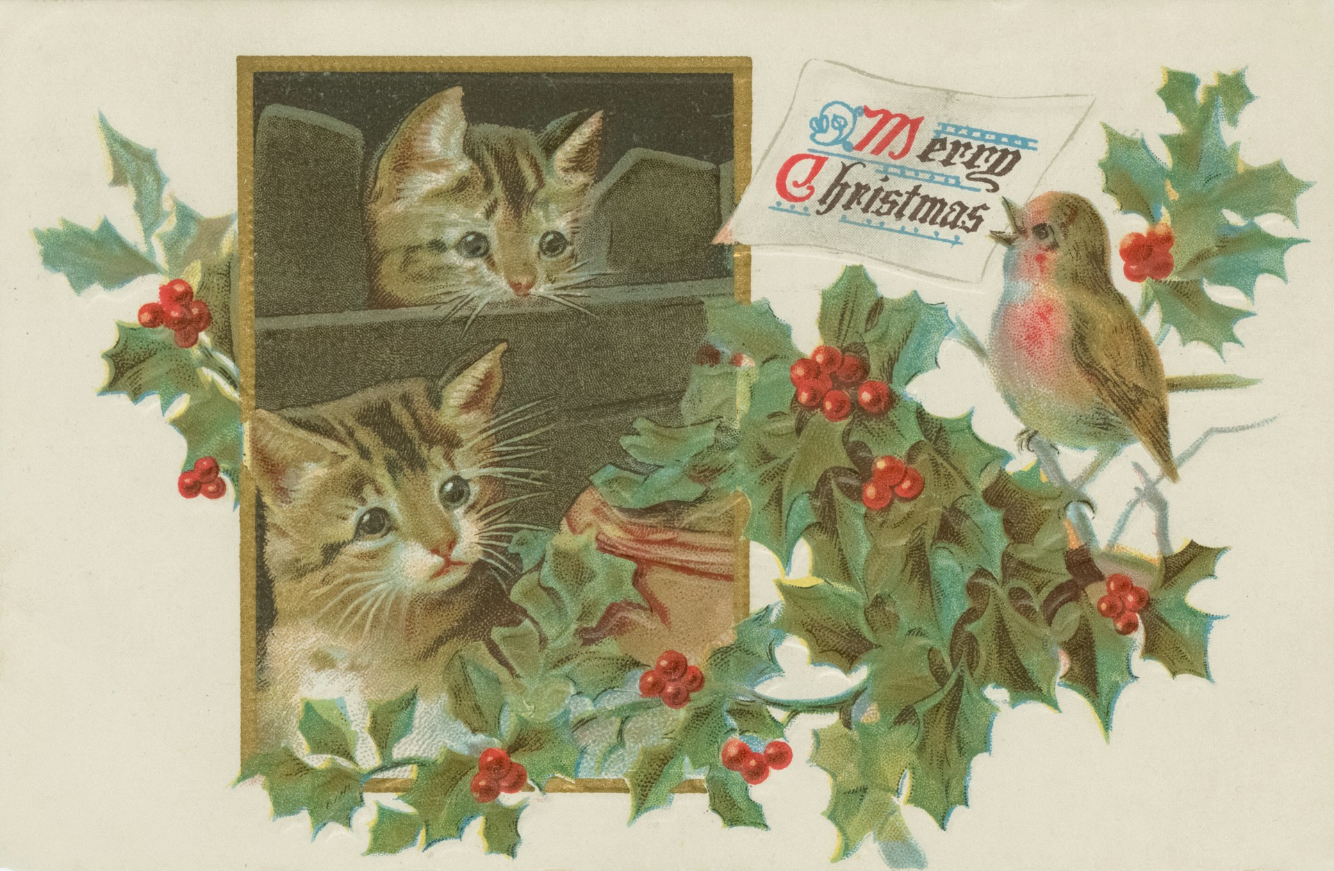 Vintage holiday card with kittens, a robin and holly