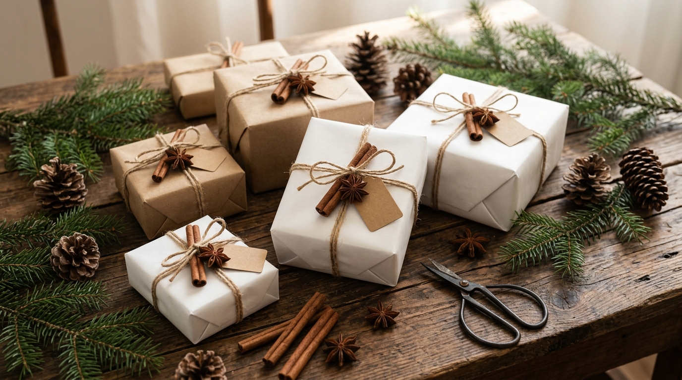 Cinnamon stick bundles with star anise on kraft and white wrapped presents