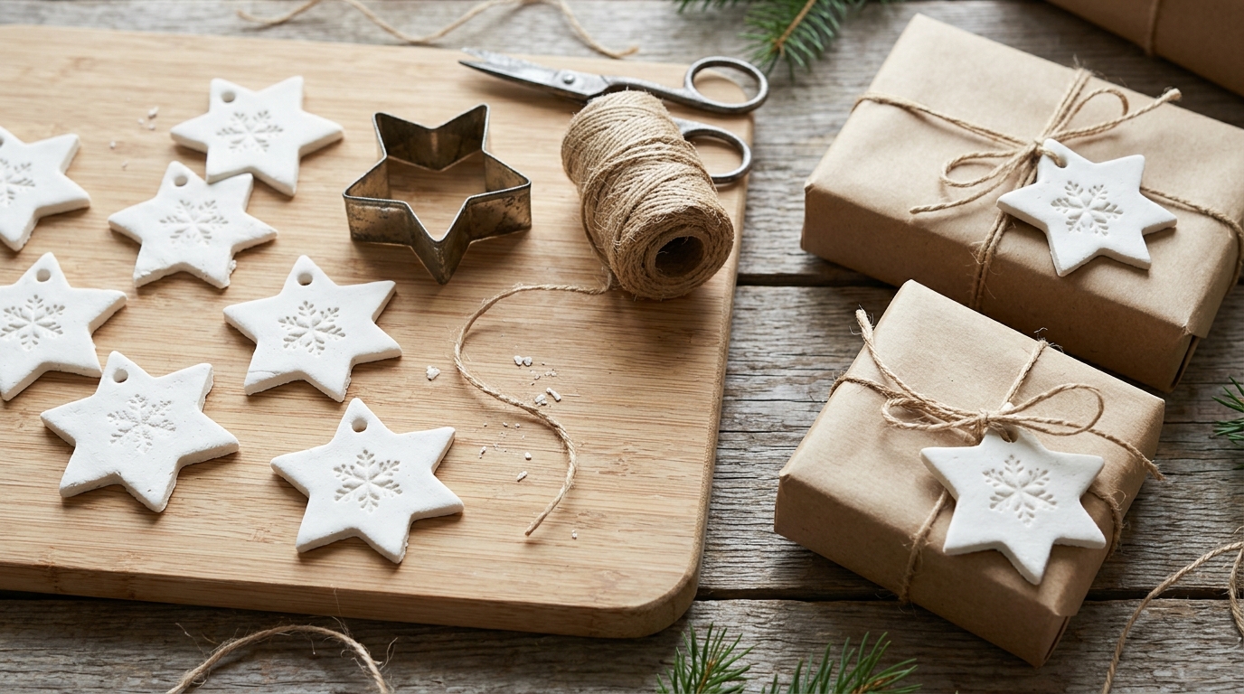 DIY Christmas gift tags shaped like white clay stars with snowflake texture beside a cookie cutter and twine