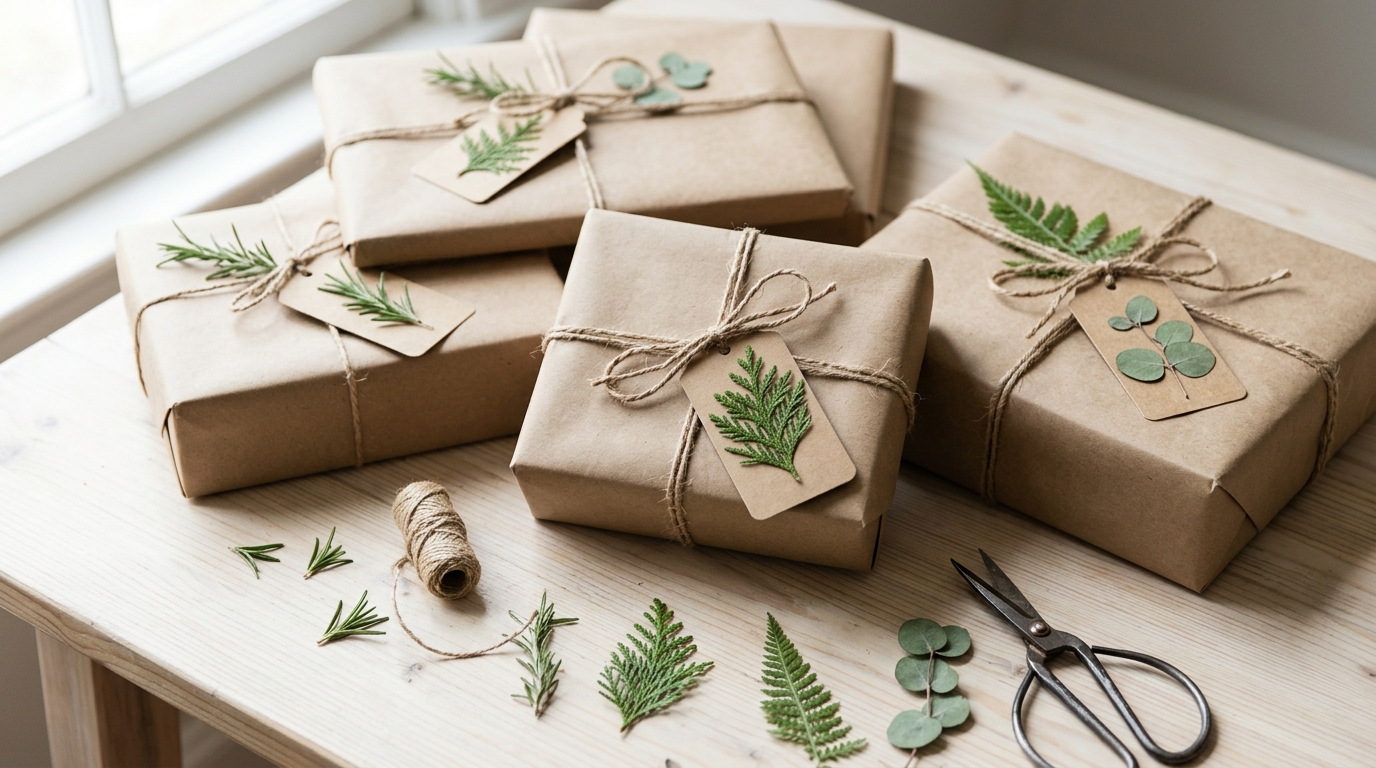 DIY Christmas gift tags decorated with pressed rosemary, cedar and fern sprigs on brown paper gifts