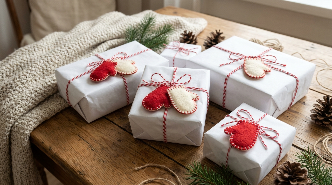 Red and cream felt mittens with blanket stitch edges on white wrapped presents