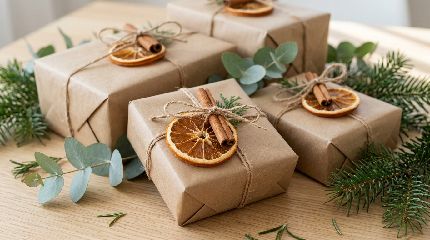 DIY Christmas gift tags made from dried orange slices tied with twine and cinnamon sticks on brown paper gifts