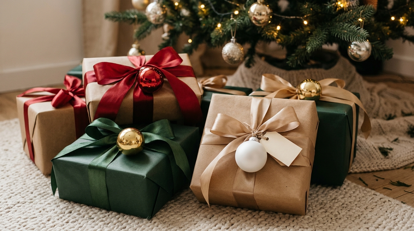 Red, gold and white baubles tied into the bows of wrapped presents