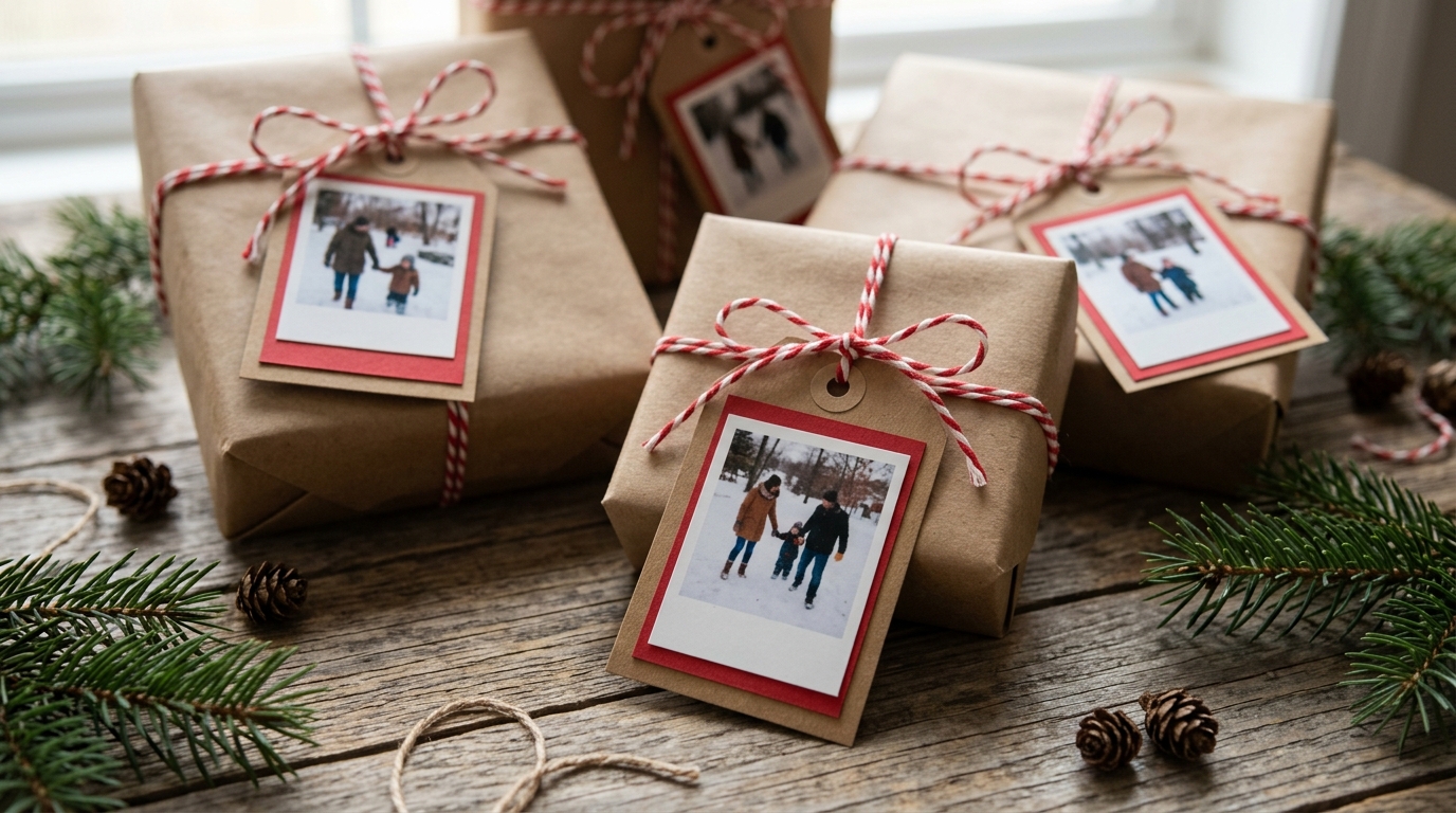 Small printed family pictures tied to kraft wrapped presents