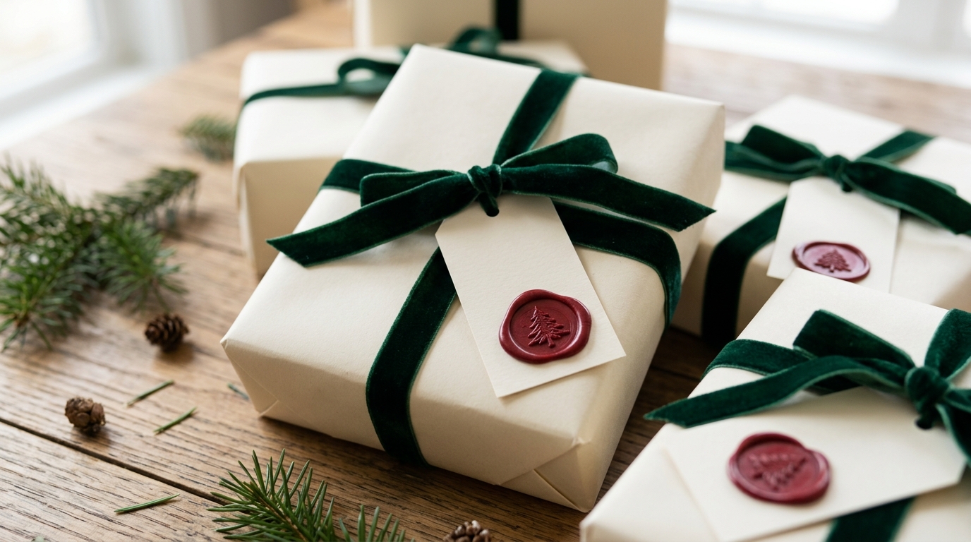 Cream paper squares with red faux wax seal style medallions and green velvet ribbon
