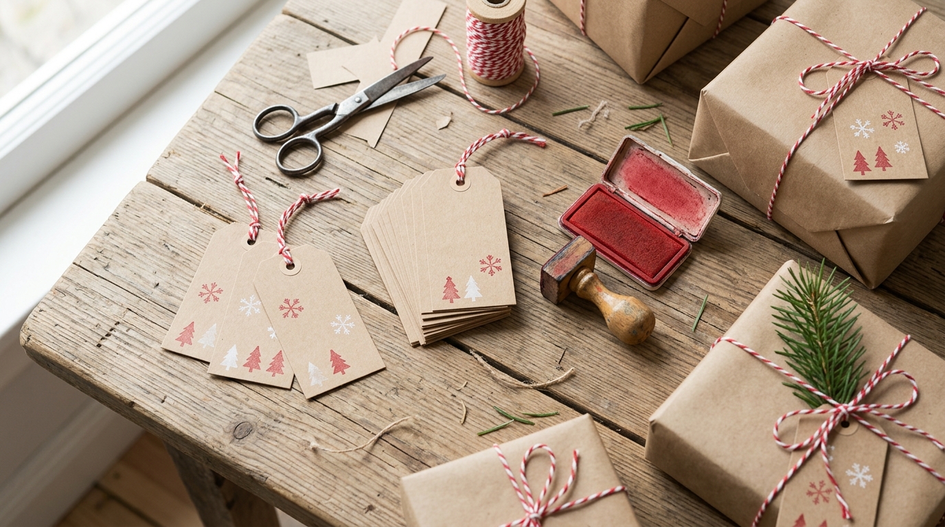 Stamped DIY Christmas gift tags with snowflake and pine tree designs beside a rubber stamp and ink pad