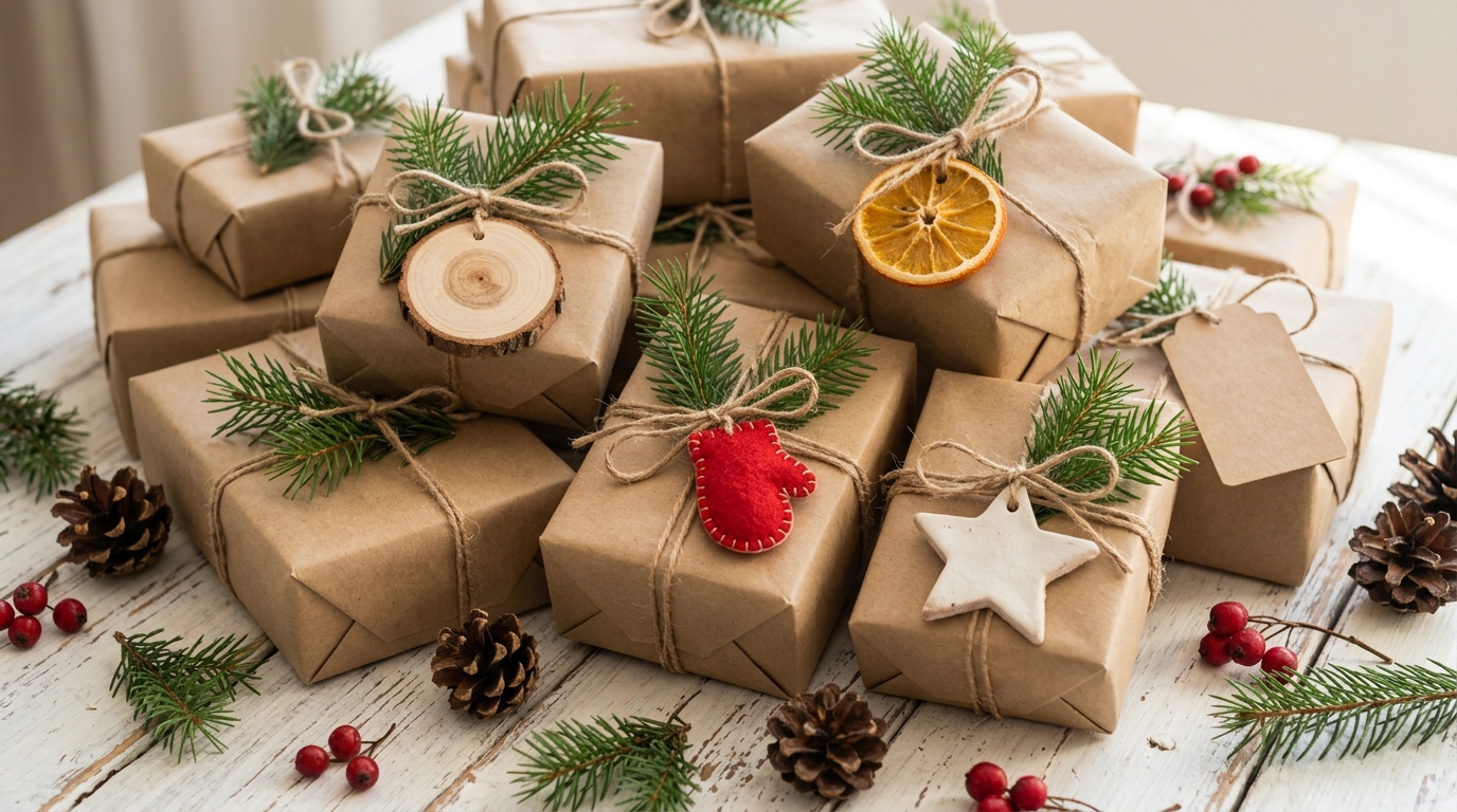 DIY Christmas gift tags made from wood slices, dried oranges, felt mittens and clay stars on kraft wrapped gifts