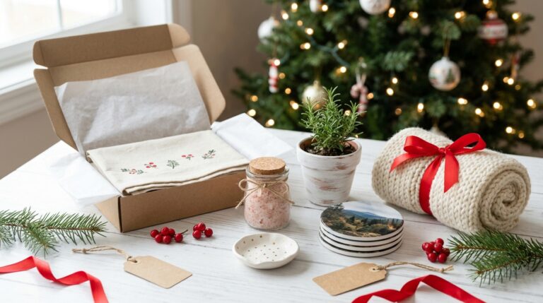 DIY Christmas gifts for mom arranged on a white table with a stamped tea towel, bath salts, ring dish and knit scarf