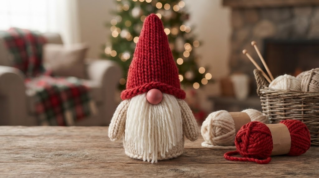 DIY Christmas gnomes made from chunky yarn with a red knit hat