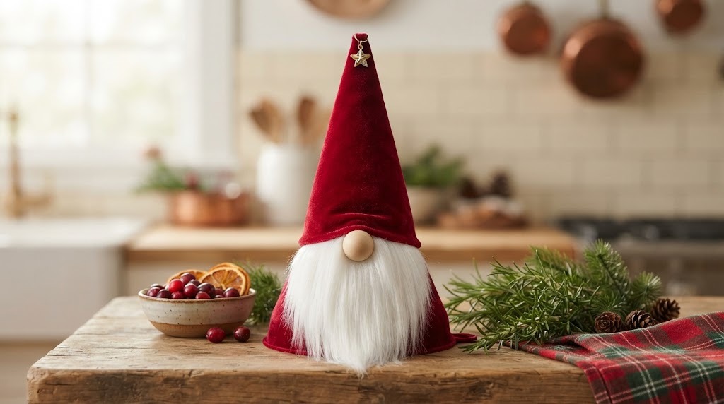 DIY Christmas gnomes made from a funnel covered in red velvet