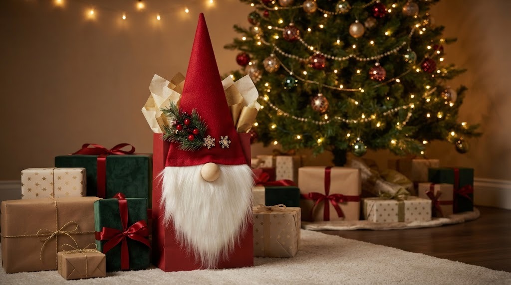 Paper gift bag decorated as a gnome with a red hat and white beard beside presents