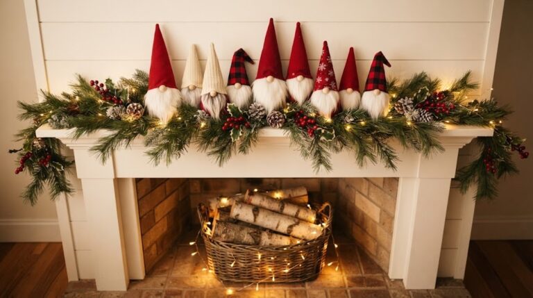 DIY Christmas Gnomes with red, cream and plaid hats lined up on a farmhouse mantel with pine garland
