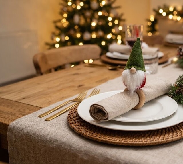 Wooden napkin rings topped with tiny felt gnomes on a Christmas table