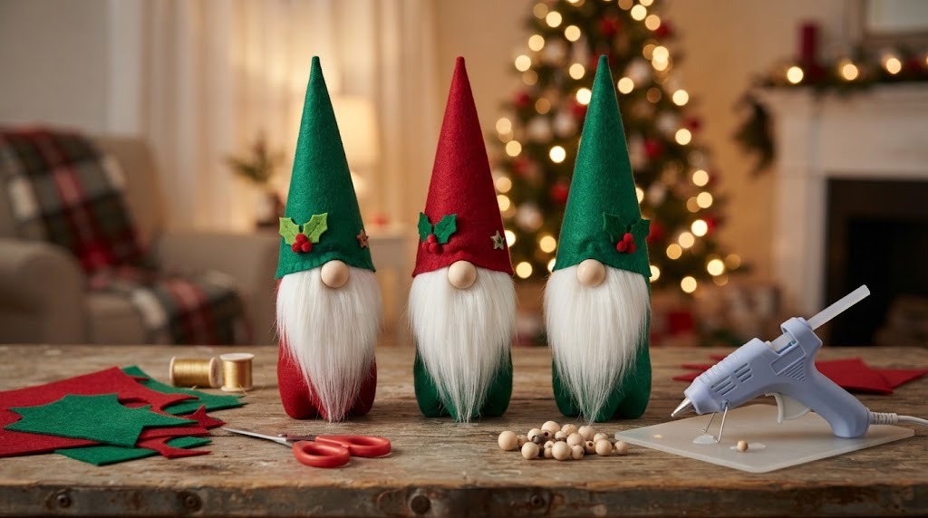 DIY Christmas gnomes made from small plastic bottles wrapped in red and green felt