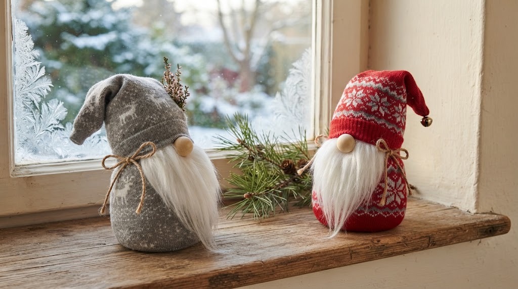 DIY Christmas gnomes made from rice filled socks on a windowsill