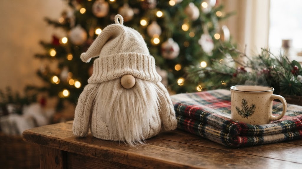 Gnome made from a cream cable knit sweater sleeve with a white beard